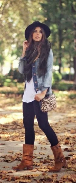 Denim Jacket with Camel Wide Mid-Calf Boots