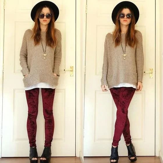 Red Leggings & Grey Comfy Knit Sweater