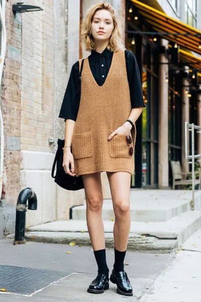 Camel Ribbed Mini Knitted Dress with Black Button Up Shirt