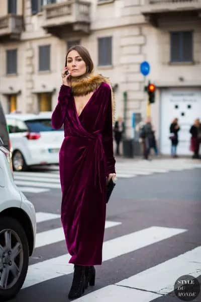 Black Maxi Velvet Wrap Dress with Faux Fur Scarf