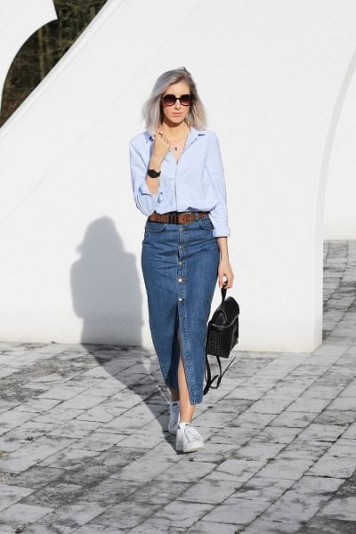 Light Blue Long Sleeve Shirt with Denim Long Single Slit Skirt