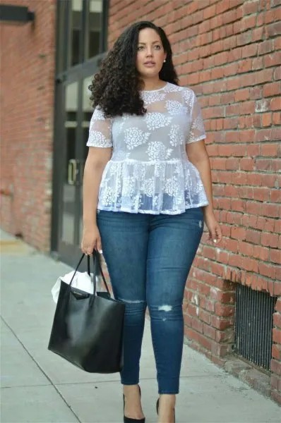 White Peplum Sheer Top with Jeans & Ballet Heels