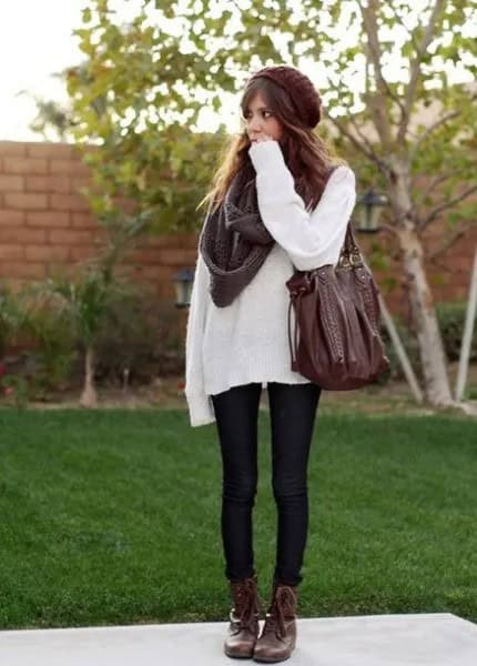 White Sweater with Grey Scarf & Black Skinny Jeans