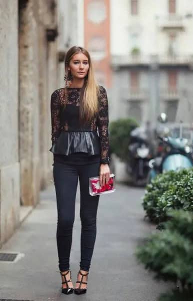 Black Leather and Lace Long Sleeve Peplum Top with Skinny Pants