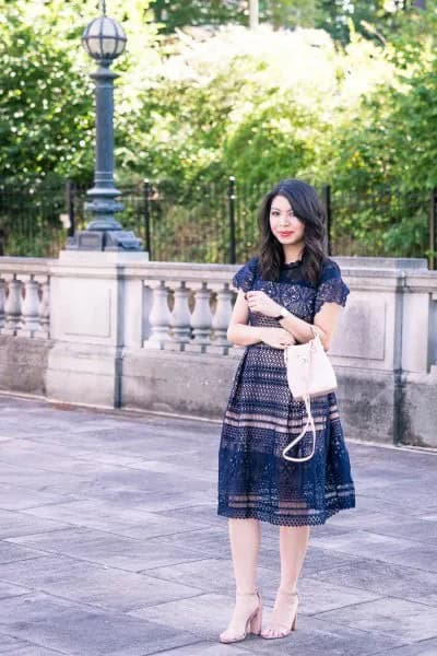 Navy Cap Sleeve Crochet Midi Flared Dress