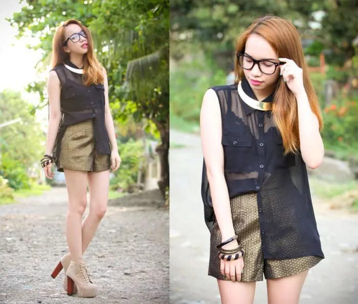 Black Semi-Sheer Sleeveless Chiffon Blouse with Gold Choker