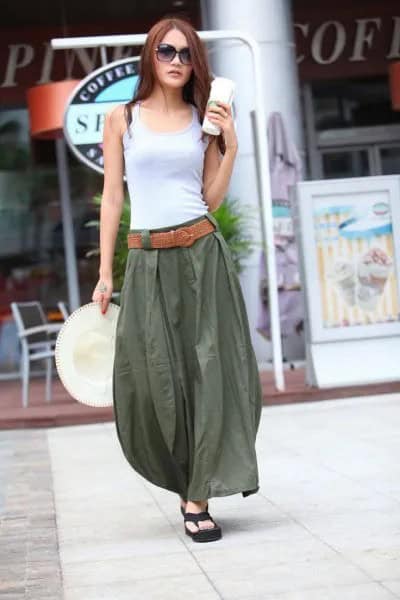 Light Grey Vest Top with Green Long Khaki Skirt