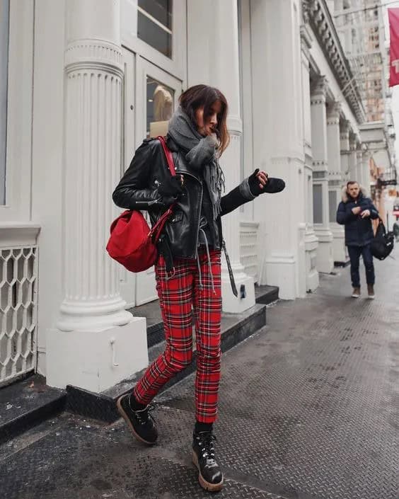 Leather Jacket and Red Plaid Pants