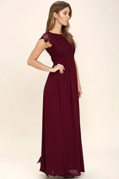 Burgundy Lace Gathered Waist Maxi Dress