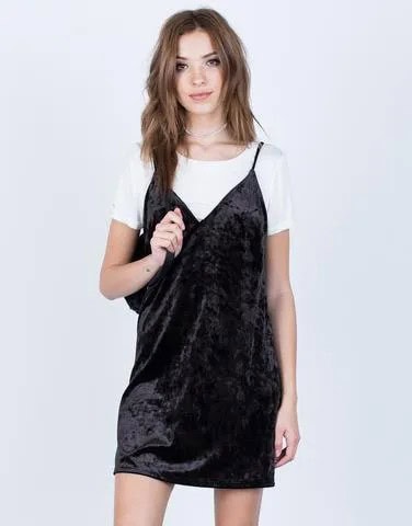 White Tee with Black Velvet Slip Dress