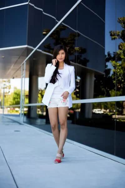 White Blazer with Embroidered Linen Shorts