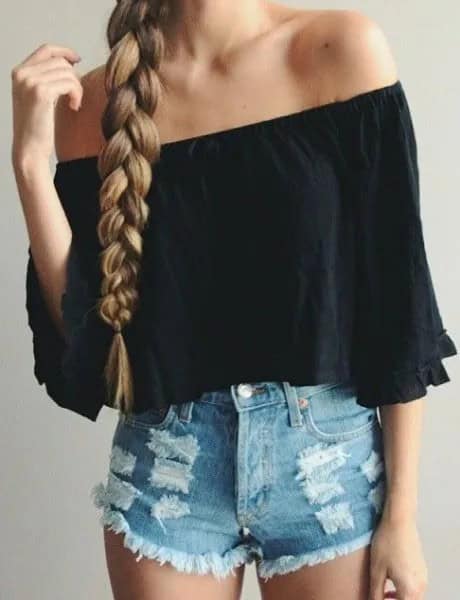 Black Off The Shoulder Half Sleeve Shirt with Blue Mini Denim Ripped Shorts