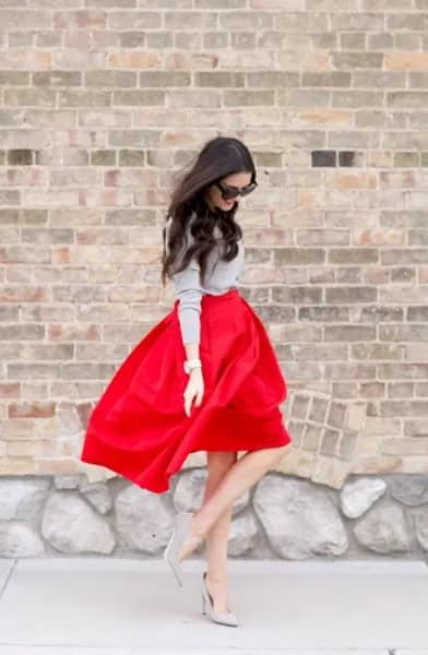 Grey Knit Sweater with Red High Waisted Flare Midi Skirt