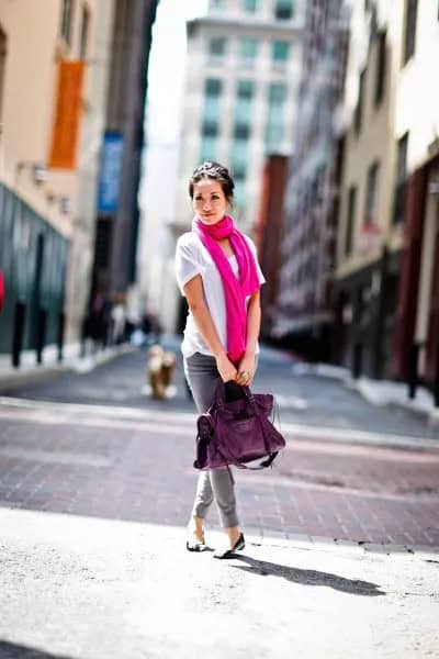 White T Shirt with Hot Pink Scarf & Grey Skinny Jeans