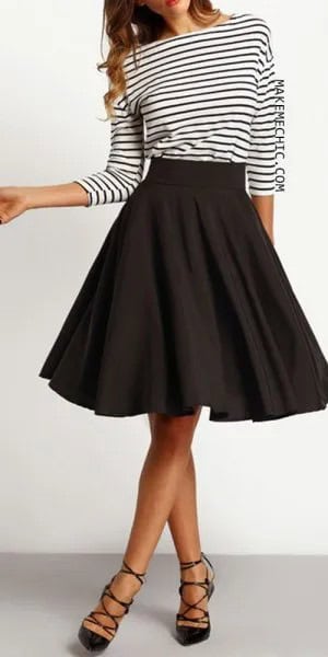 Black and White Striped Long Sleeve Tee with Knee Length Skater Skirt