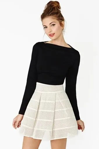 Black Boat Neck Long Sleeve Top with Pale Pink Mini Skater Skirt