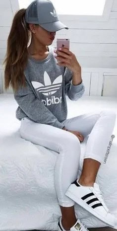 Grey Graphic Sweatshirt with White Running Leggings