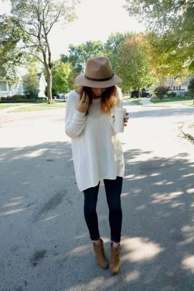 Blush Hat with White Oversized Sweater & Camel Suede Ankle Boots