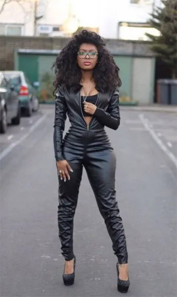 Black Long Sleeve Leather Jumpsuit with Bralette