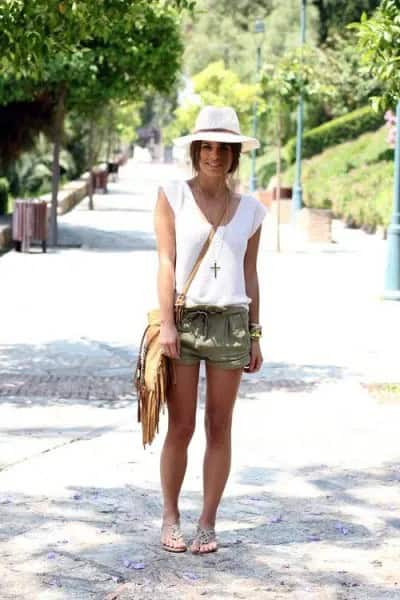 White V Neck Tank Top with Green Shorts & Fringe Bag