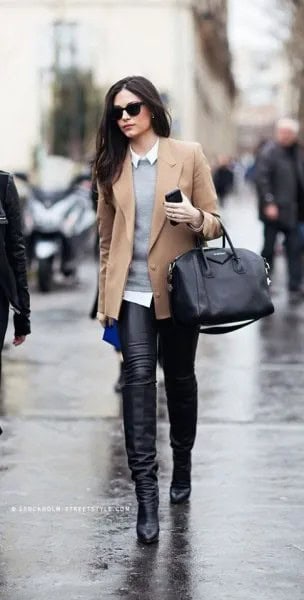 Camel Short Blazer Coat with Grey Sweater & Leather Leggings