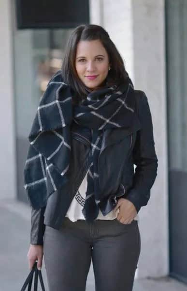 Black and White Plaid Wool Scarf with Grey Skinny Jeans