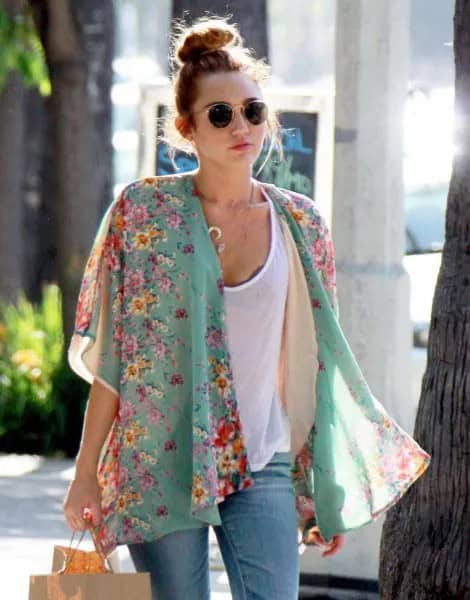 Teal Floral Printed Chiffon Kimono Cardigan & White Tank Top