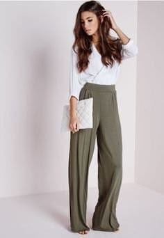 White Wrap Blouse with Grey High Waisted Wide Leg Trousers