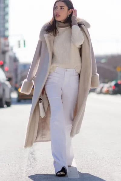 Blush Pink Faux Fur Collar Wool Long Coat with Flared Off White Jeans