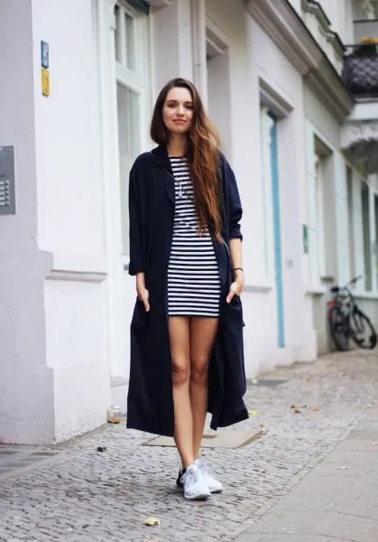 Black Long Cardigan with Striped T Shirt Dress