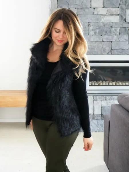 Black Scoop Neck Long Sleeve T Shirt with Fur Vest & Grey Slim Fit Jeans