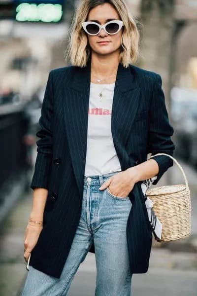 Navy Striped Oversized Blazer with White Print Tee