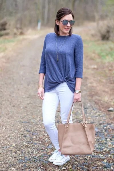 Teal Blue Twist Front Top with White Skinny Jeans