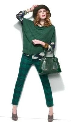 Green Ribbed Sweater with Black and White Floral Printed Blouse