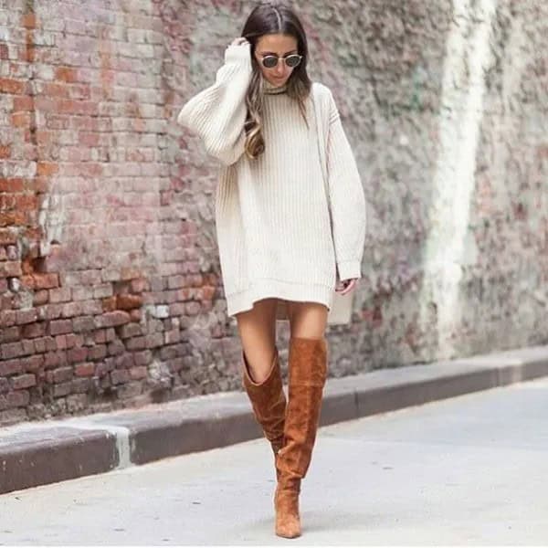 White Turtleneck Mini Ribbed Straight Cut Sweater Dress with Camel Thigh High Boots