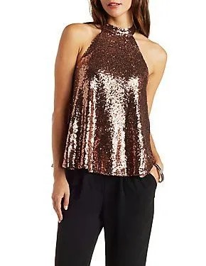 Rose Gold Sequin Halter Top with Black Slim Fit Dress Pants