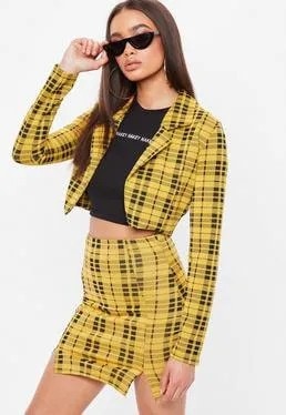 Yellow and Black Plaid Cropped Blazer with Matching Mini Skirt