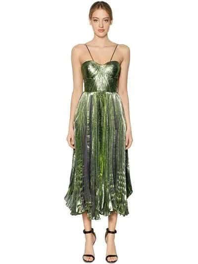 Metallic Green Fit and Flare Midi Pleated Silk Dress with Black Open Toe Heels