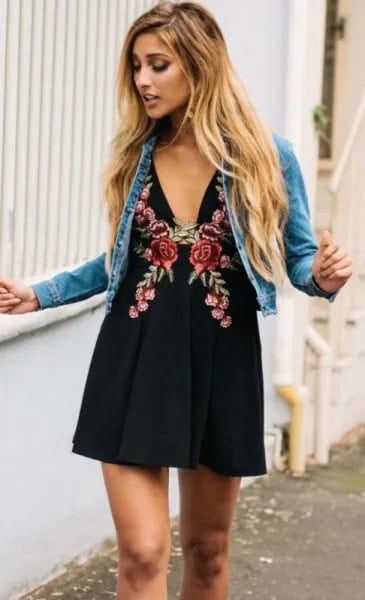 Blue Denim Jacket with Black Deep V Neck Floral Embroidered Mini Dress