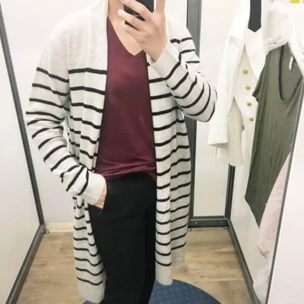 White and Black Striped Longline Cardigan with Grey V Neck Top