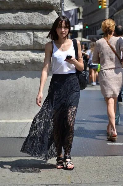 White Vest Top & Breezy Maxi Lace Skirt