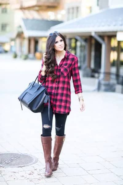 Red and Black Plaid Tunic with Ripped Skinny Jeans & Knee High Boots