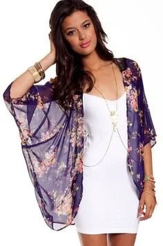 Navy Blue Sheer Floral Printed Cape with White Mini Dress