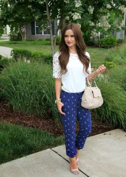 Blue Printed Pants with White Boho Lace Top