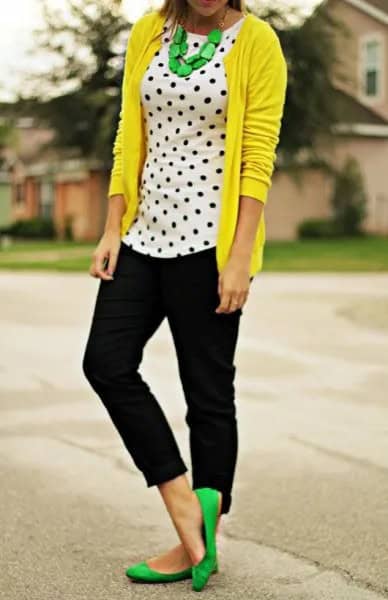 Lemon Yellow Cardigan with White and Black Polka Dot Tank Top