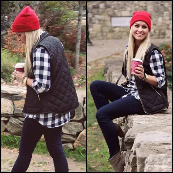 Red Knit Hat with Checkered Shirt & Dark Blue Jeans