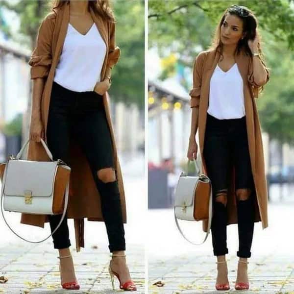 Brown Longline Sweater Cardigan with White V Neck Tee & Skinny Jeans