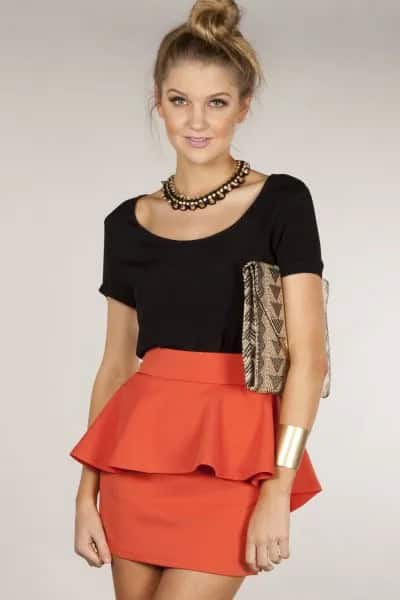 Black T Shirt with Orange Bodycon Mini Peplum Skirt