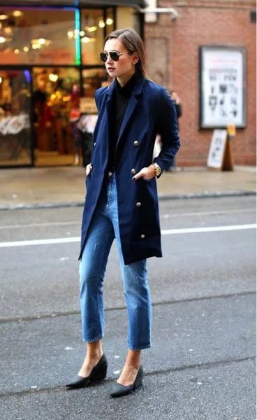 Navy Long Military Blazer with Blue Ankle Boots