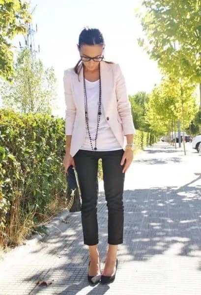 White Blazer with Vest Top & Black Capris